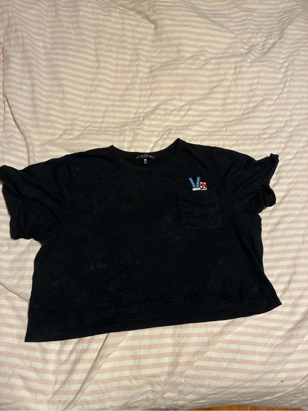 Black Short-Sleeve Pocket Tee with Peace Hand Embroidery